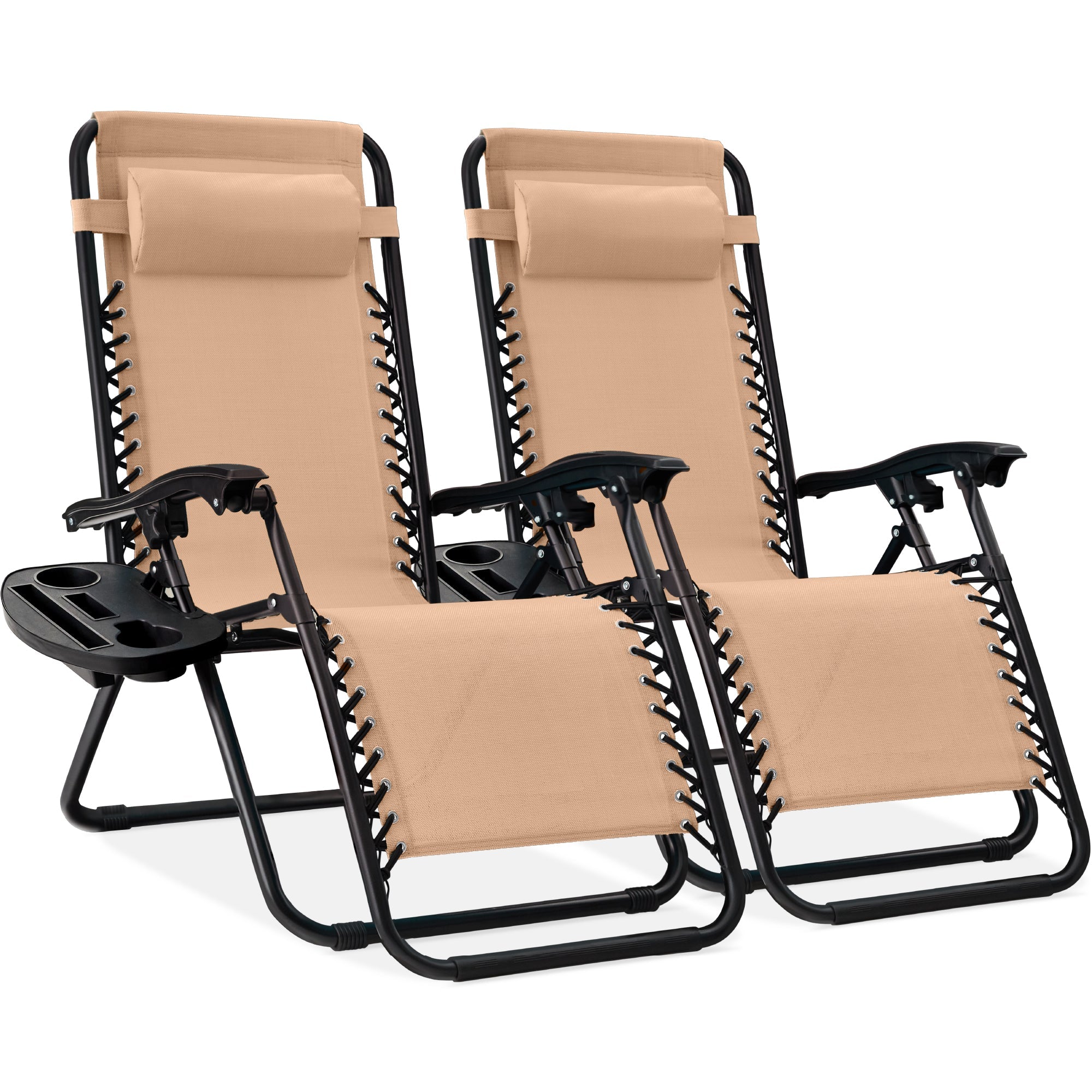 Set of 2 Adjustable Zero Gravity Patio Chair Recliners w/ Cup Holders - Beige