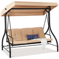 3-Seat Outdoor Canopy Swing Glider Furniture w/ Converting Flatbed Backrest - Tan