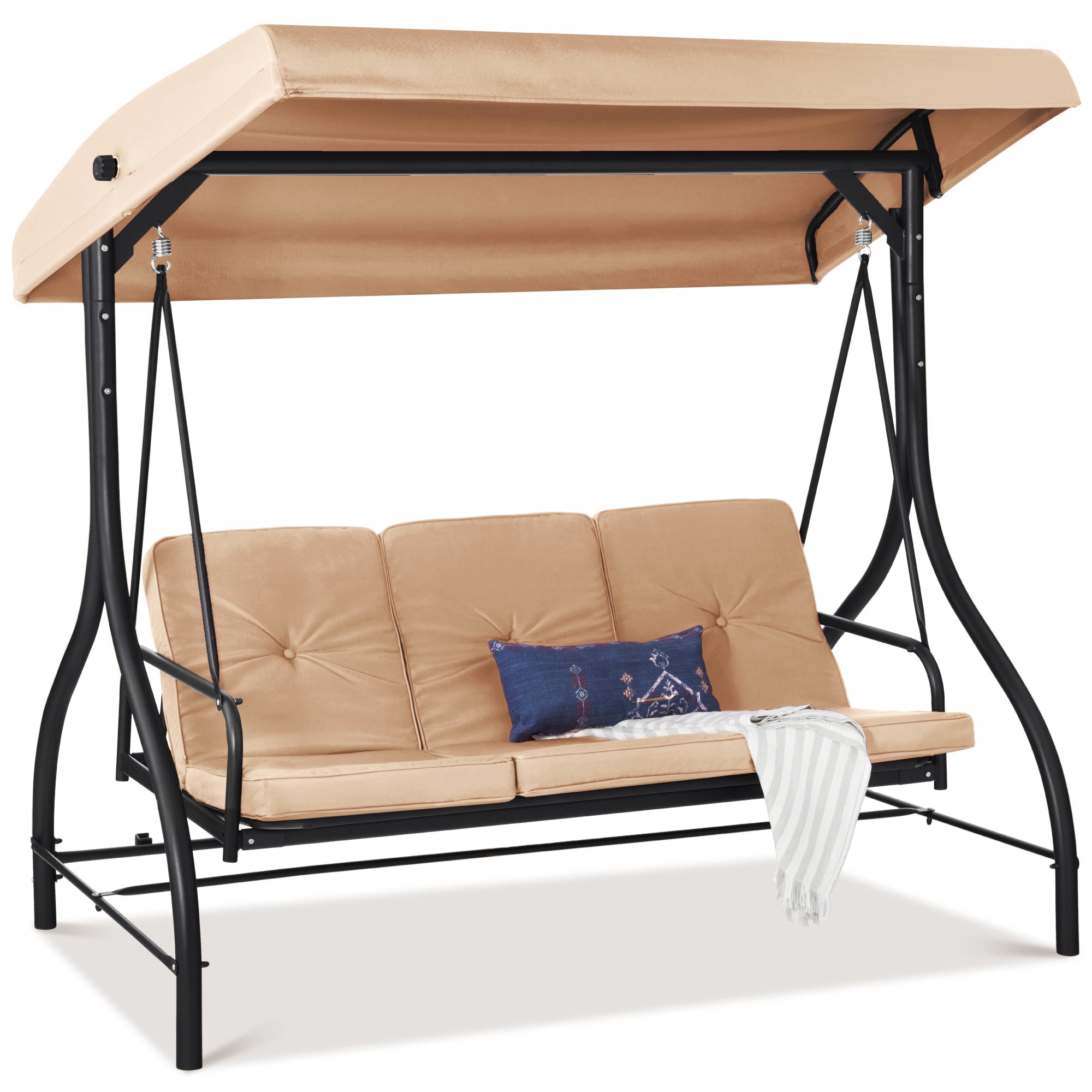 3-Seat Outdoor Canopy Swing Glider Furniture w/ Converting Flatbed Backrest - Tan
