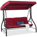 3-Seat Outdoor Canopy Swing Glider Furniture w/ Converting Flatbed Backrest - Burgundy
