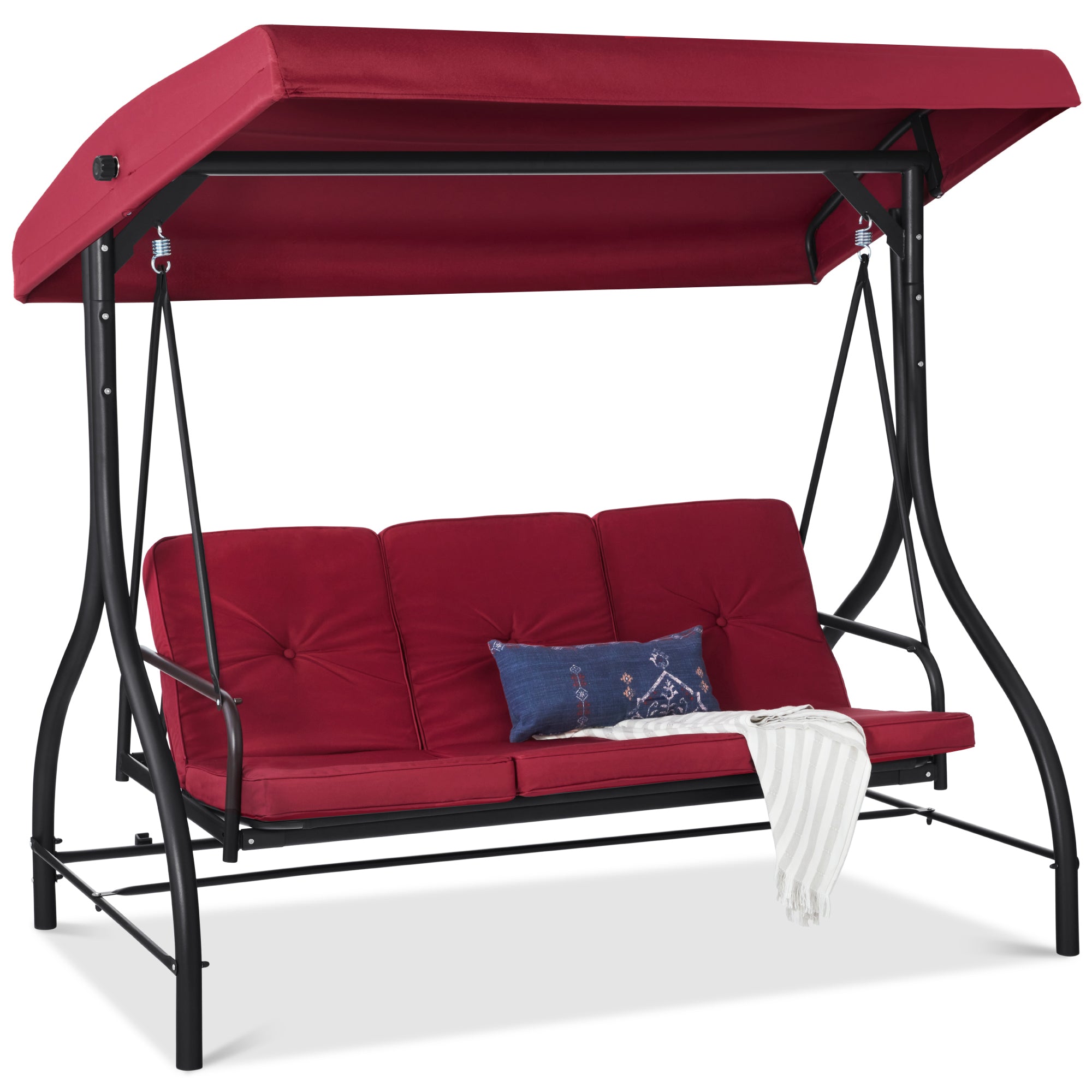 3-Seat Outdoor Canopy Swing Glider Furniture w/ Converting Flatbed Backrest - Burgundy