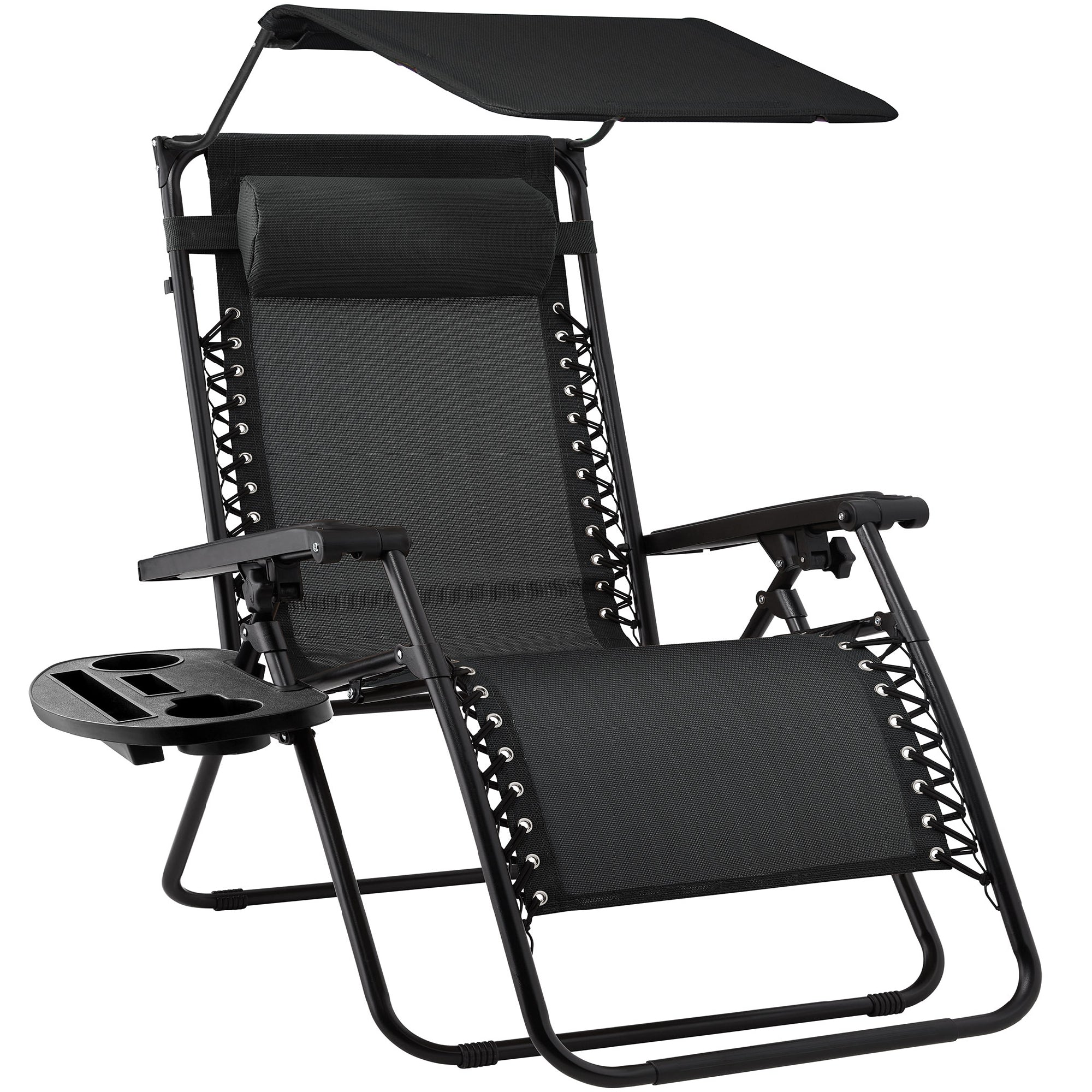 Folding Zero Gravity Recliner Patio Lounge Chair w/ Canopy, Side Tray - Black