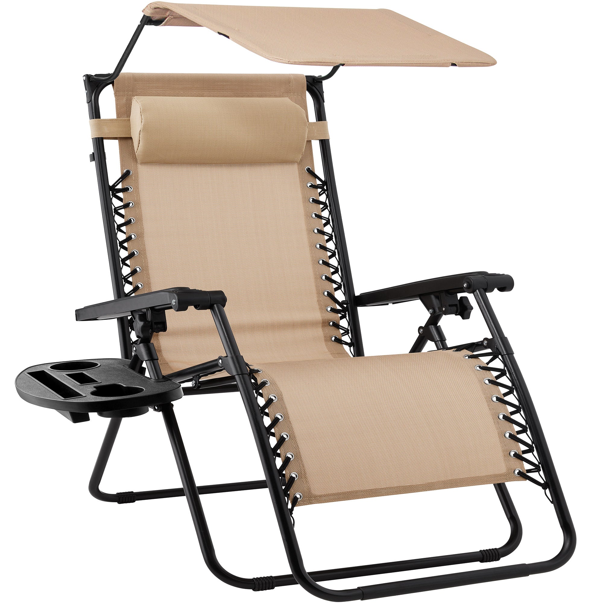 Folding Zero Gravity Recliner Patio Lounge Chair w/ Canopy, Side Tray - Beige