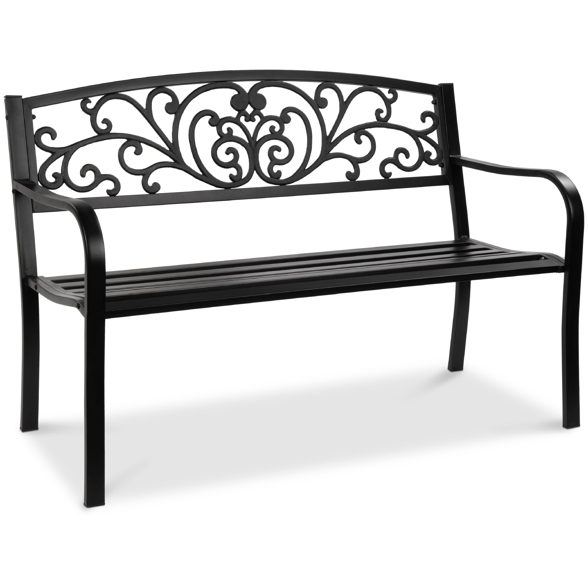 Steel Bench for Outdoor, Patio, Garden w/ Floral Design - 50in - Black