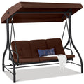 3-Seat Outdoor Canopy Swing Glider Furniture w/ Converting Flatbed Backrest - Brown