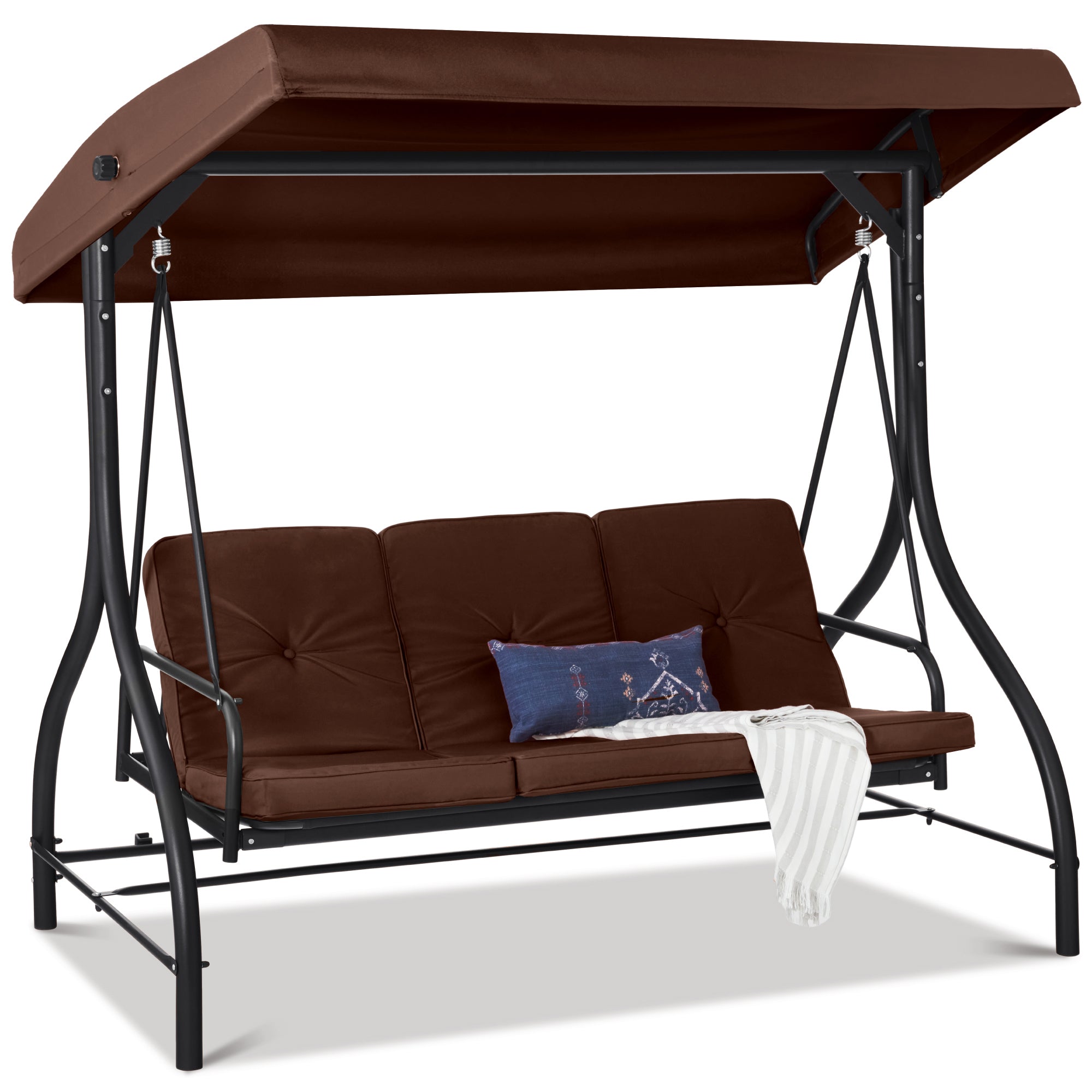 3-Seat Outdoor Canopy Swing Glider Furniture w/ Converting Flatbed Backrest - Brown