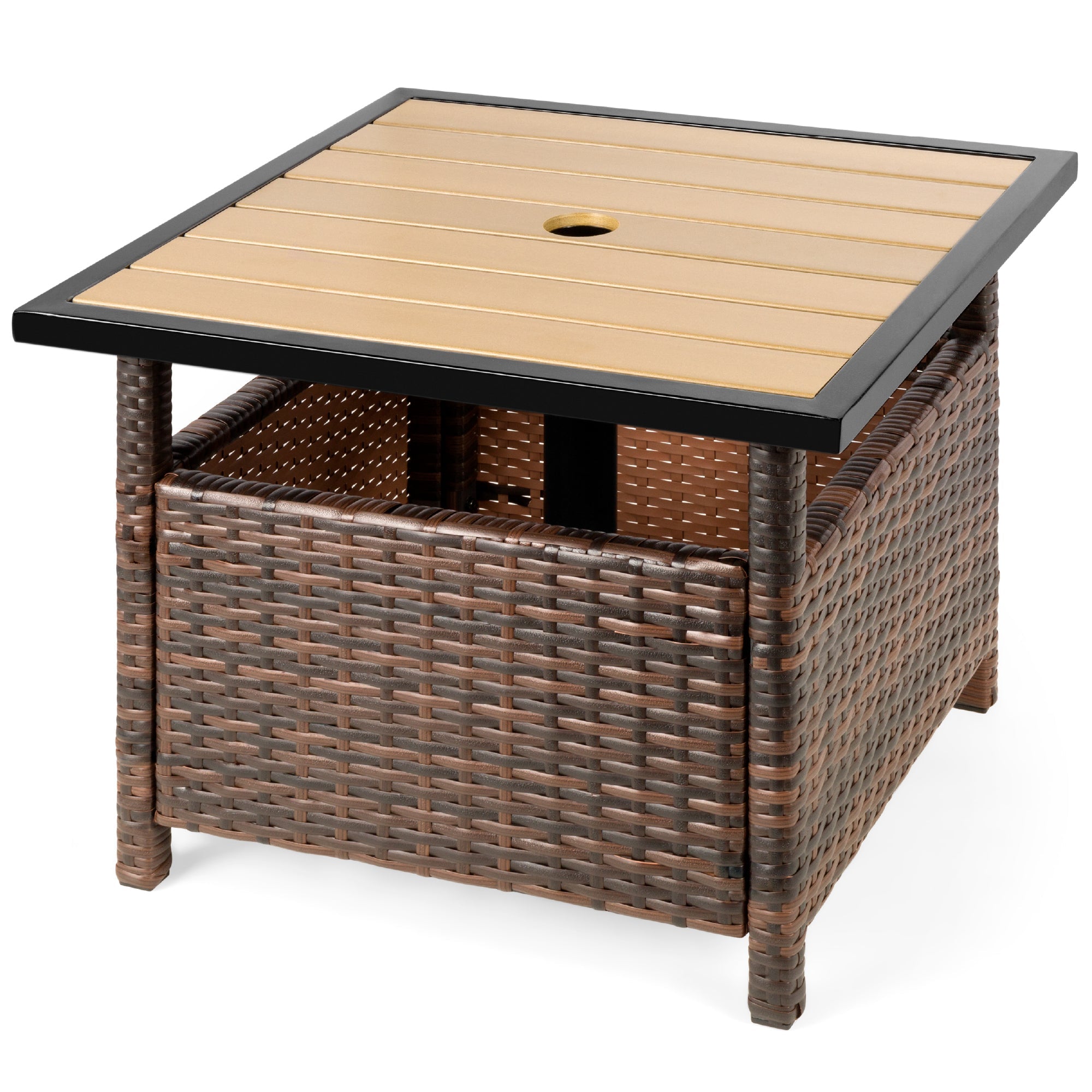 Outdoor Wicker Patio Side Table Accent Furniture w/ Umbrella Hole - Brown