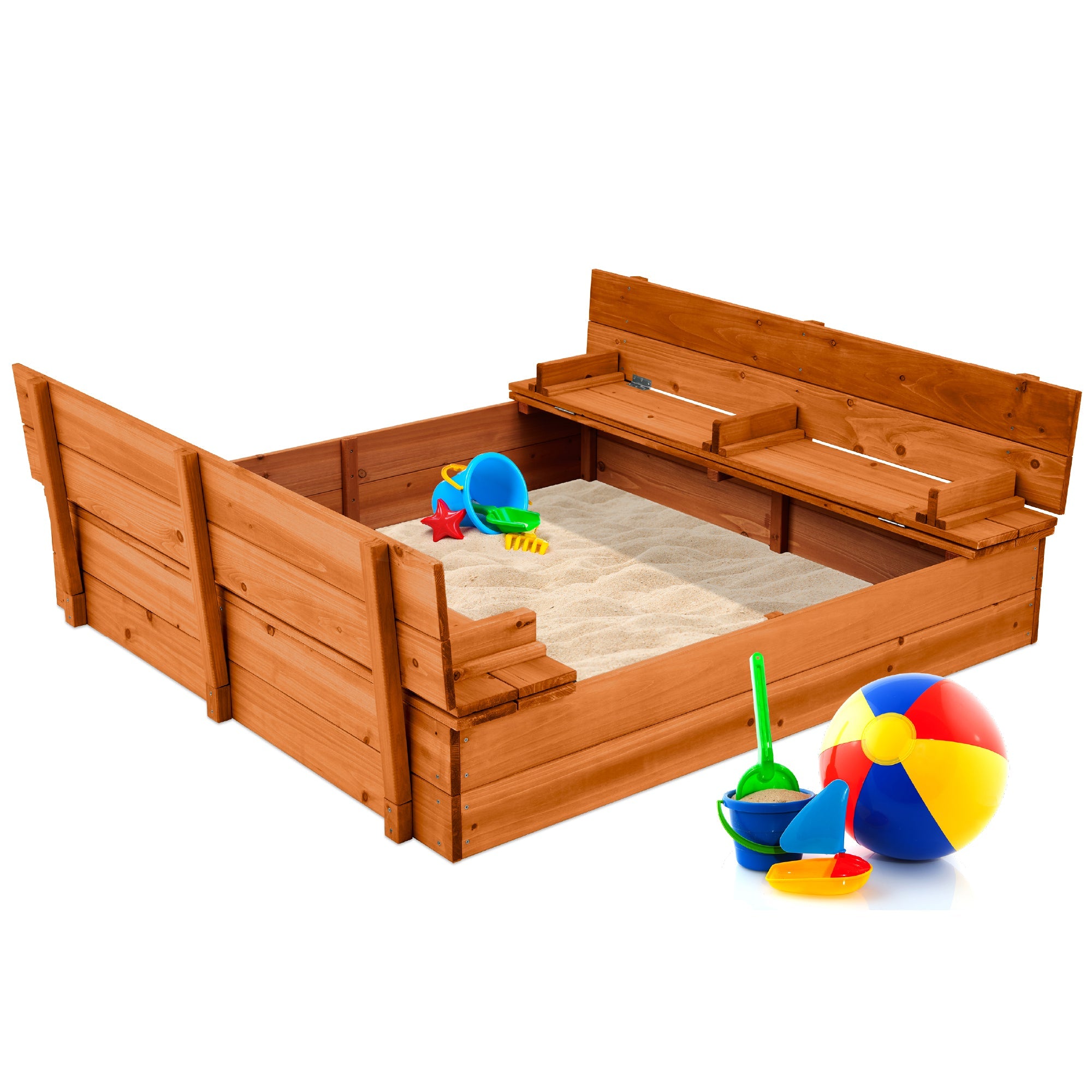 Kids Cedar Sandbox w/ Sand Screen, 2 Benches - 47x47in - Brown