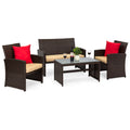 4-Piece Outdoor Wicker Conversation Patio Set w/ 4 Seats, Glass Table Top - Brown/Beige