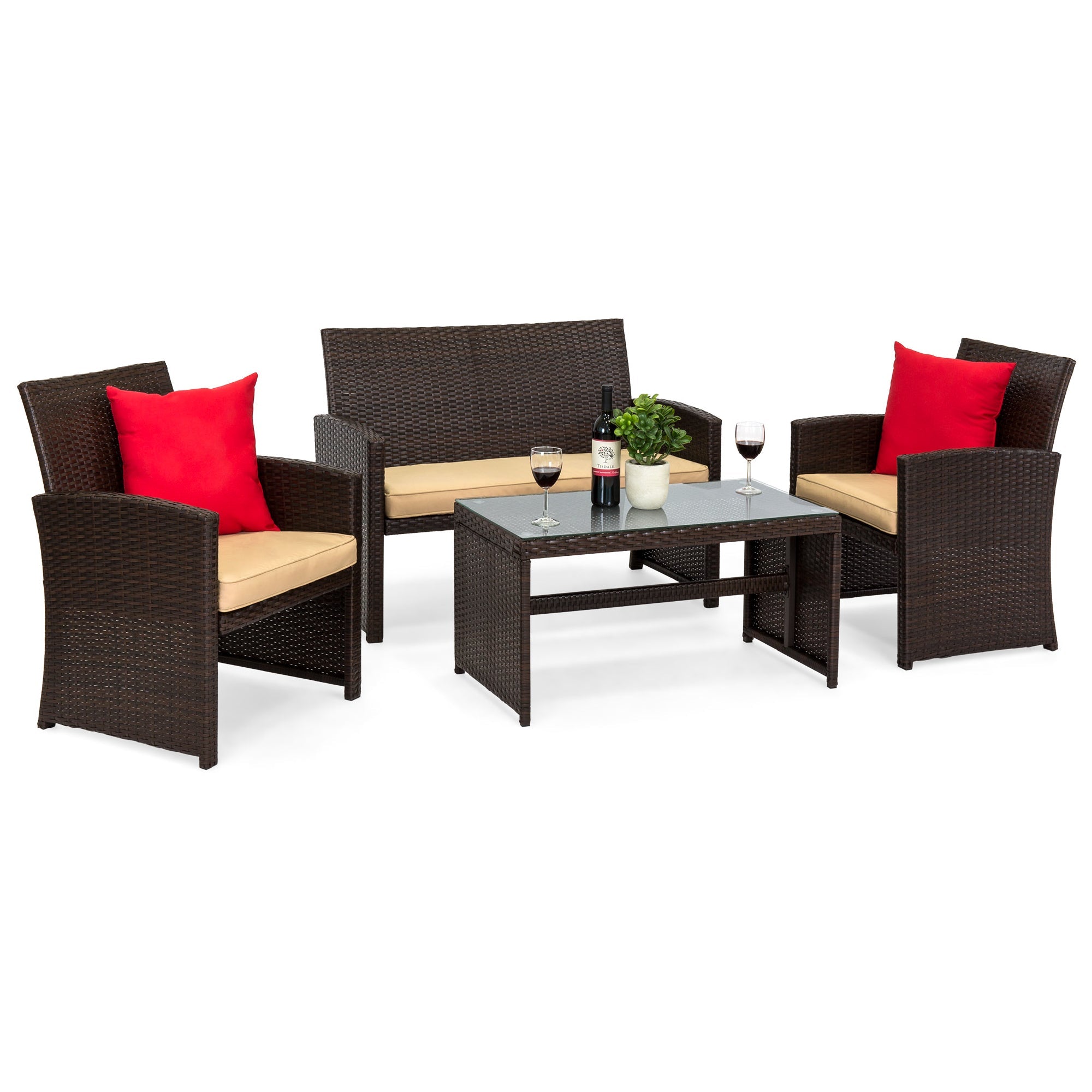 4-Piece Outdoor Wicker Conversation Patio Set w/ 4 Seats, Glass Table Top - Brown/Beige
