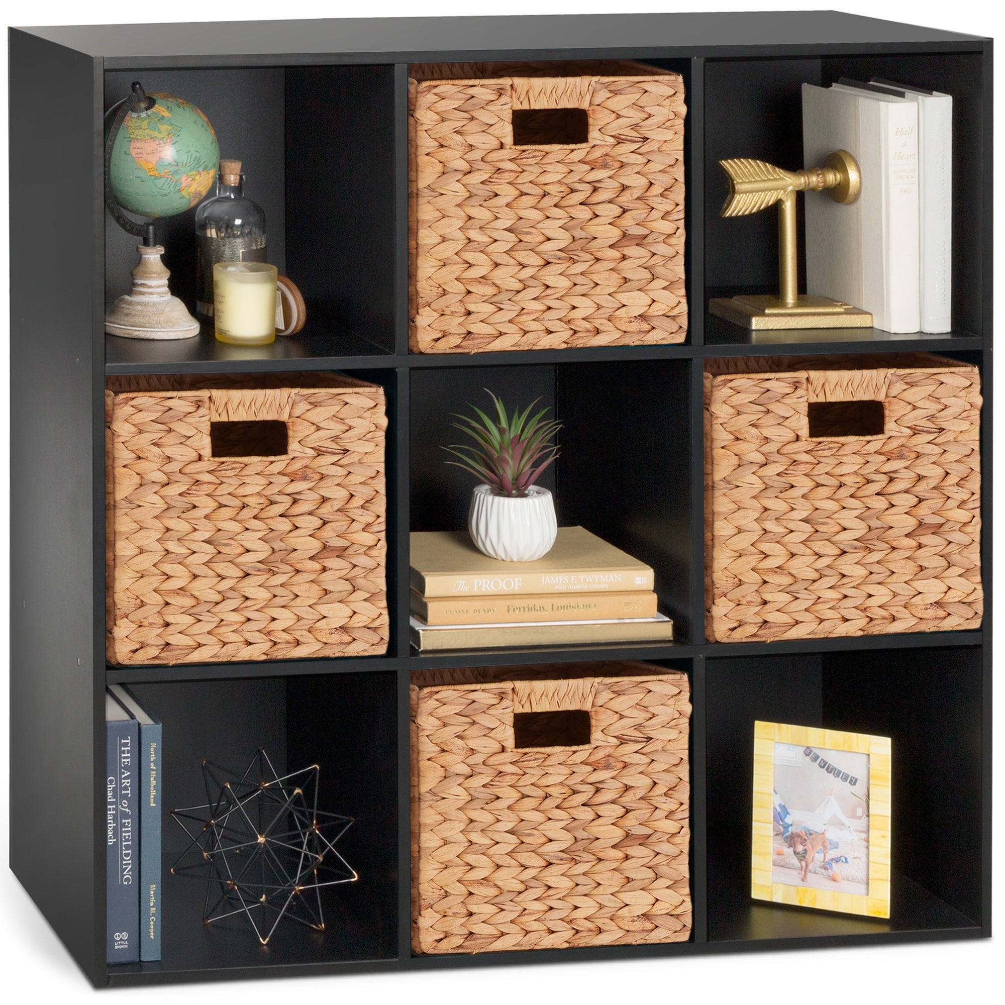 9-Cube Bookshelf Storage Display w/ 3 Removable Panels, Customizable Design - Black