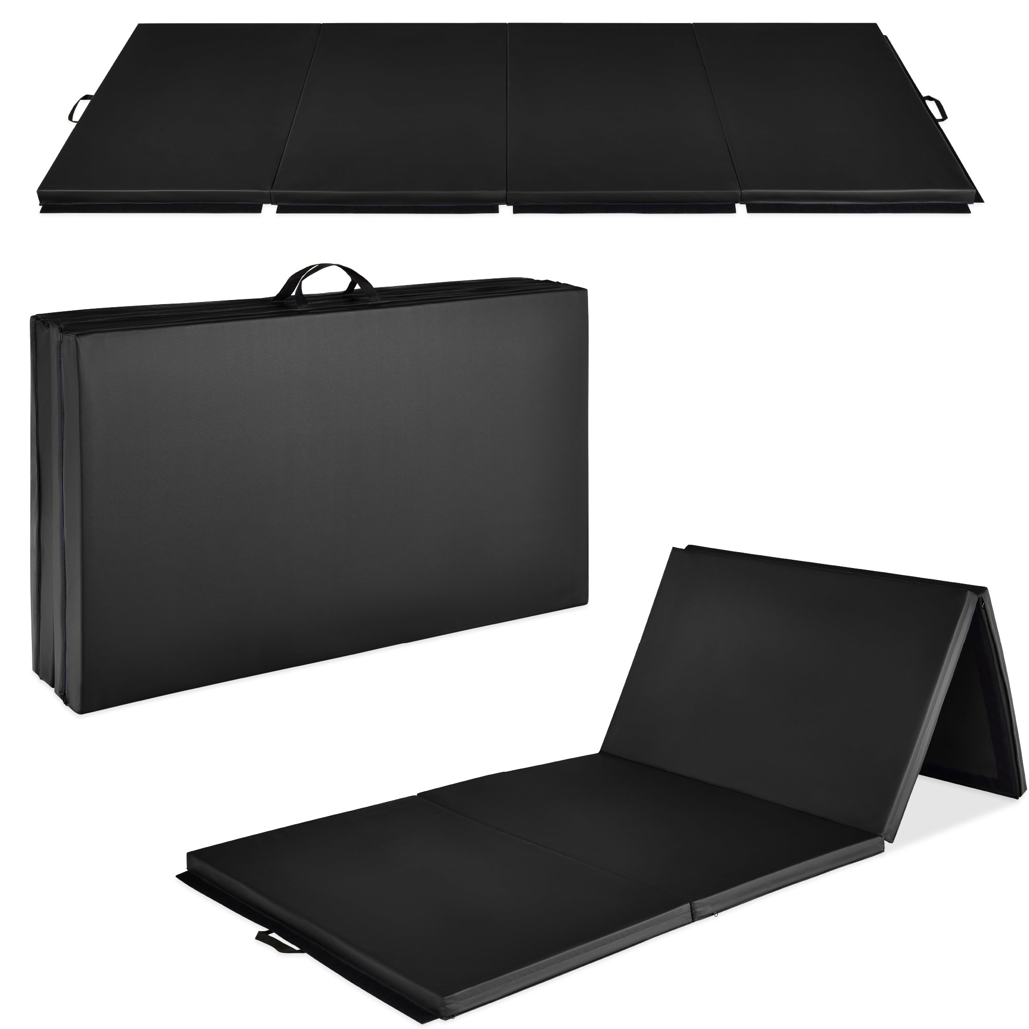 Folding Exercise Fitness Workout Gym Floor Mat w/ Handles - Black