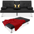Faux Leather Upholstered Convertible Sofa Bed Futon w/ 2 Cupholders - Black