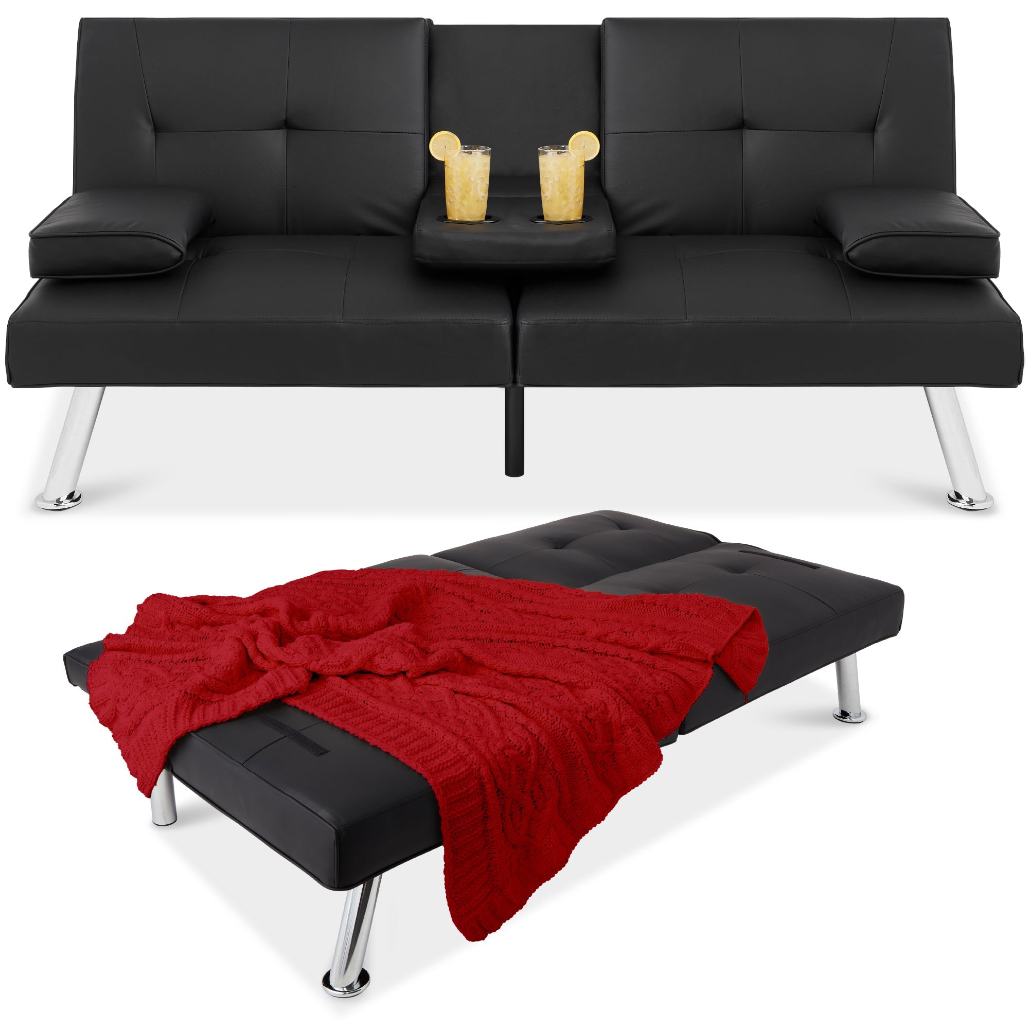 Faux Leather Upholstered Convertible Sofa Bed Futon w/ 2 Cupholders - Black