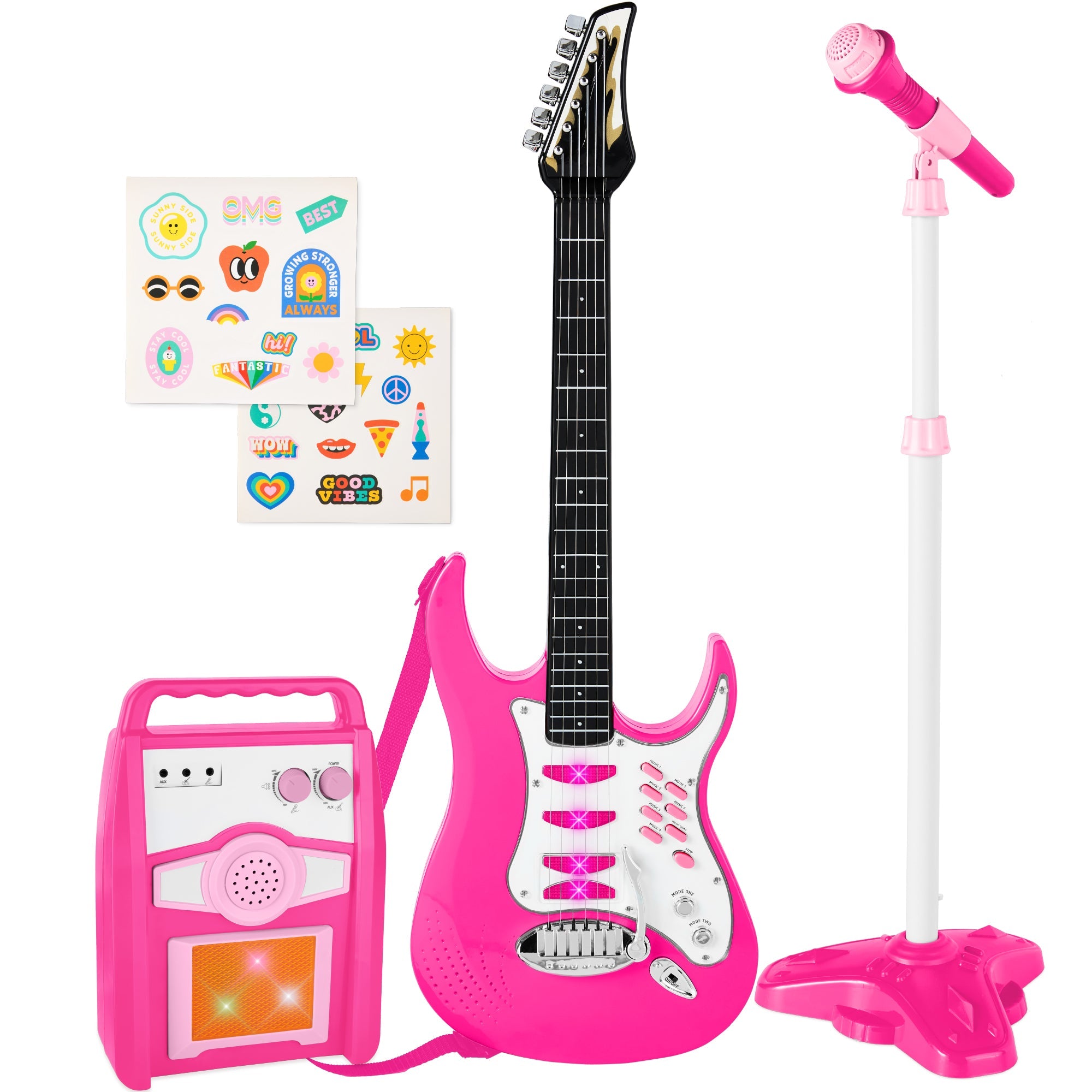 Kids Electric Guitar Toy Play Set w/ 6 Songs, Microphone, Amp - Pink