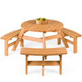 6-Person Circular Wooden Picnic Table w/ Umbrella Hole, 3 Benches - Natural