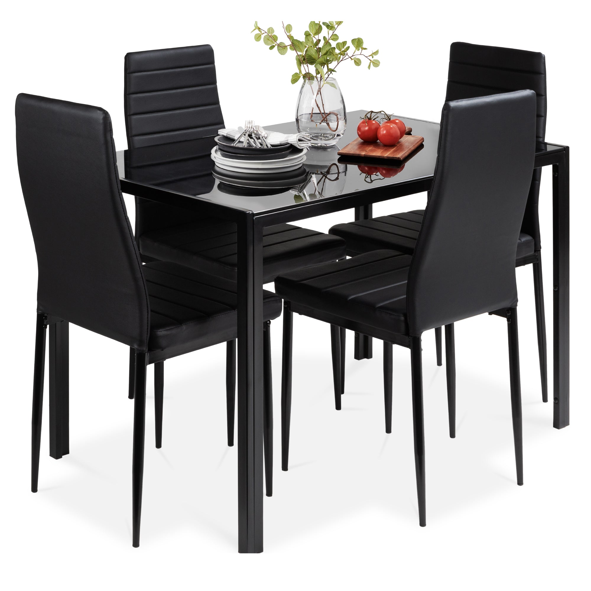 5-Piece Dining Table Set w/ Glass Top, Leather Chairs - Black