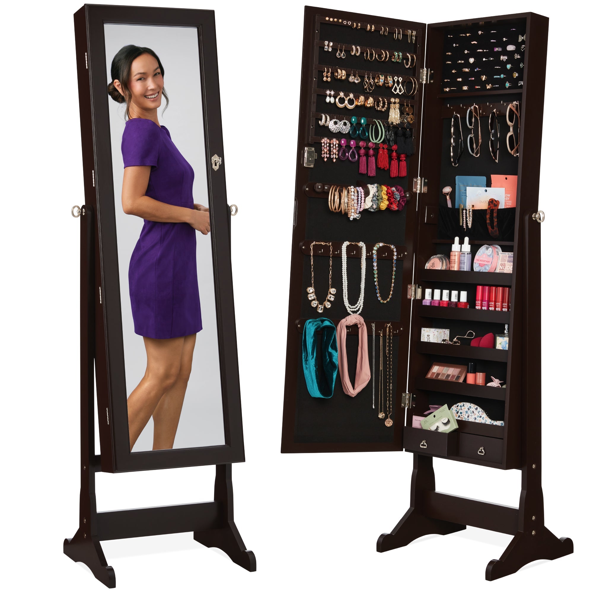 Full Length Freestanding Jewelry Mirror Armoire w/ Velvet Interior - Brown