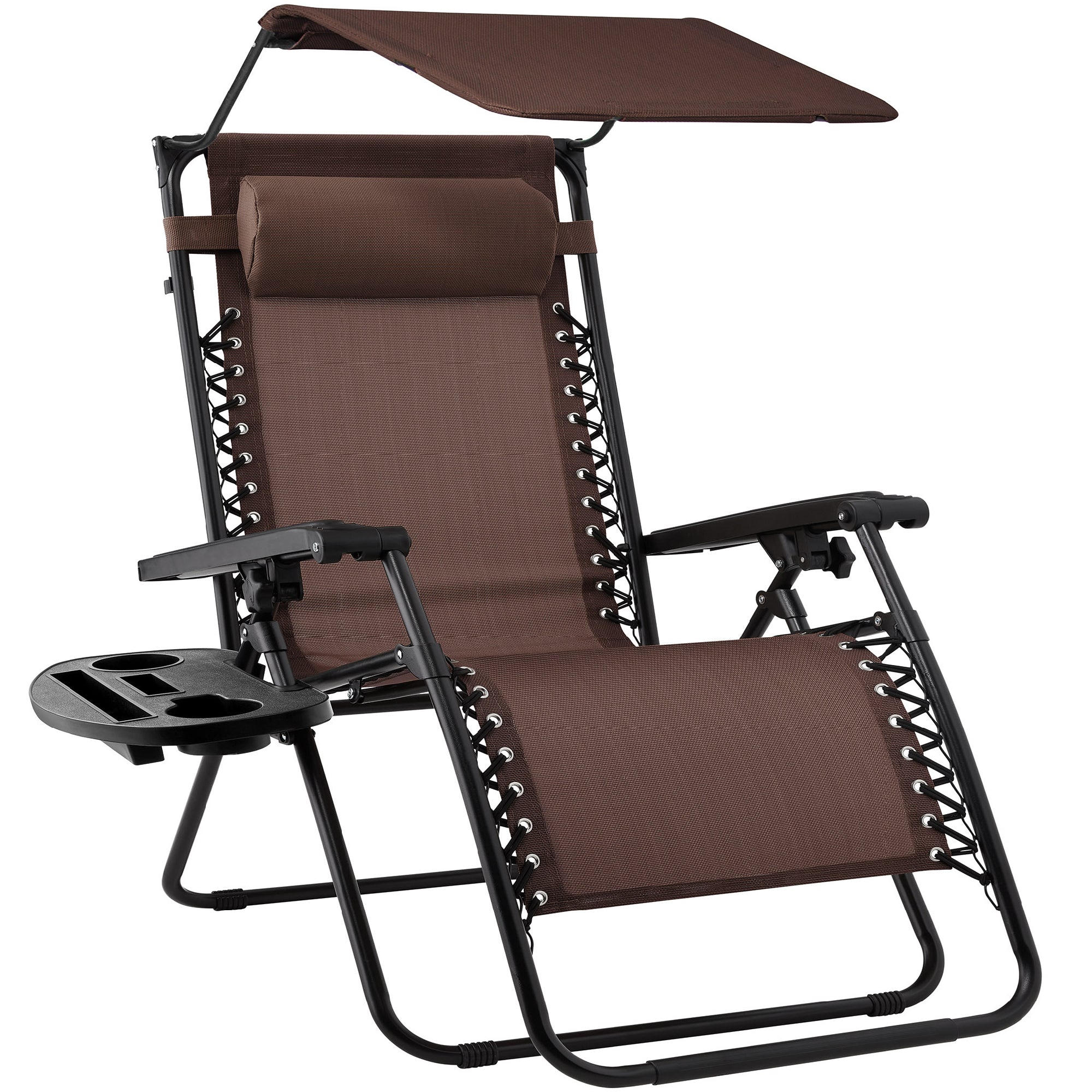 Folding Zero Gravity Recliner Patio Lounge Chair w/ Canopy, Side Tray - Brown