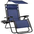 Folding Zero Gravity Recliner Patio Lounge Chair w/ Canopy, Side Tray - Navy Blue