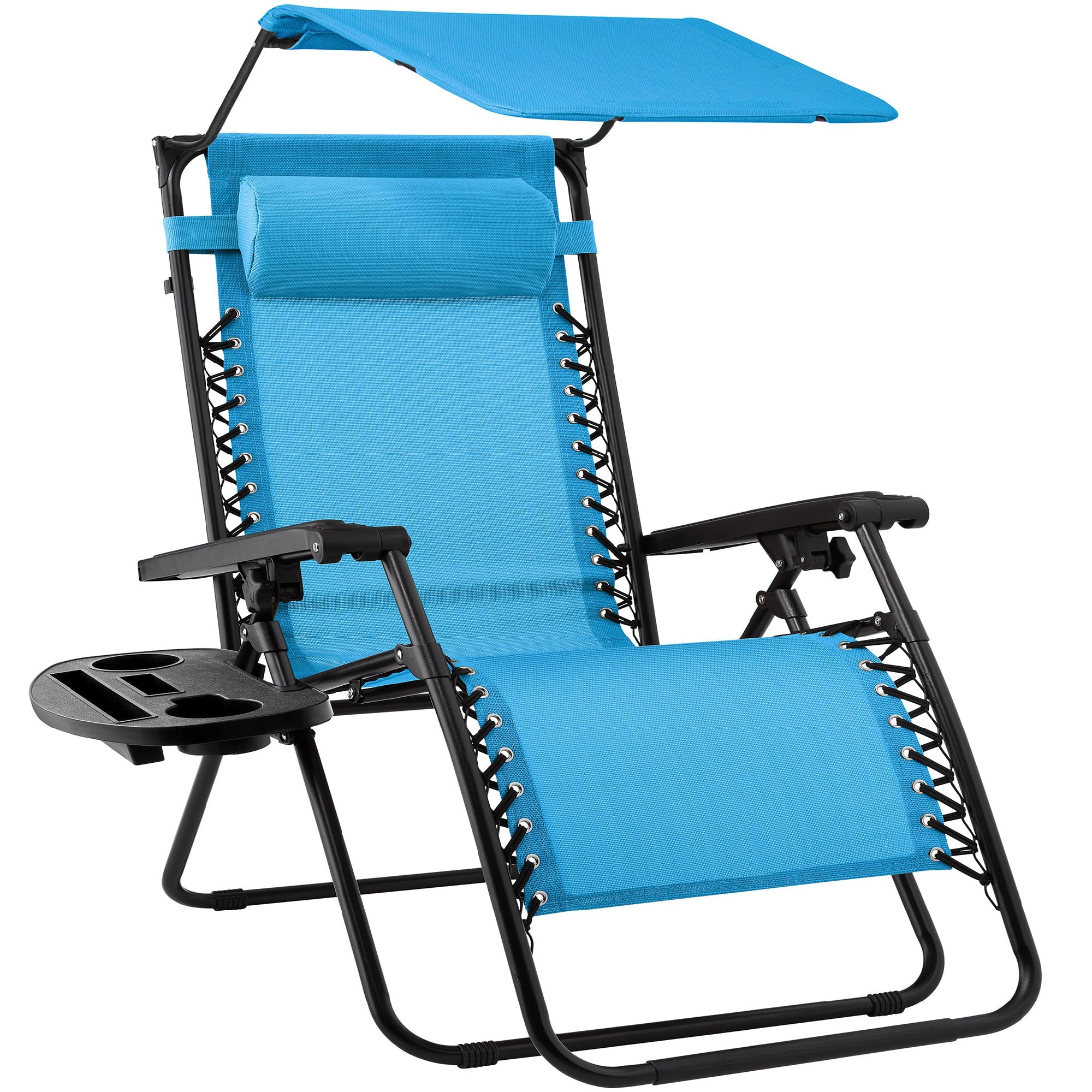 Folding Zero Gravity Recliner Patio Lounge Chair w/ Canopy, Side Tray - Light Blue