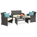 4-Piece Outdoor Wicker Conversation Patio Set w/ 4 Seats, Glass Table Top - Gray/Cream