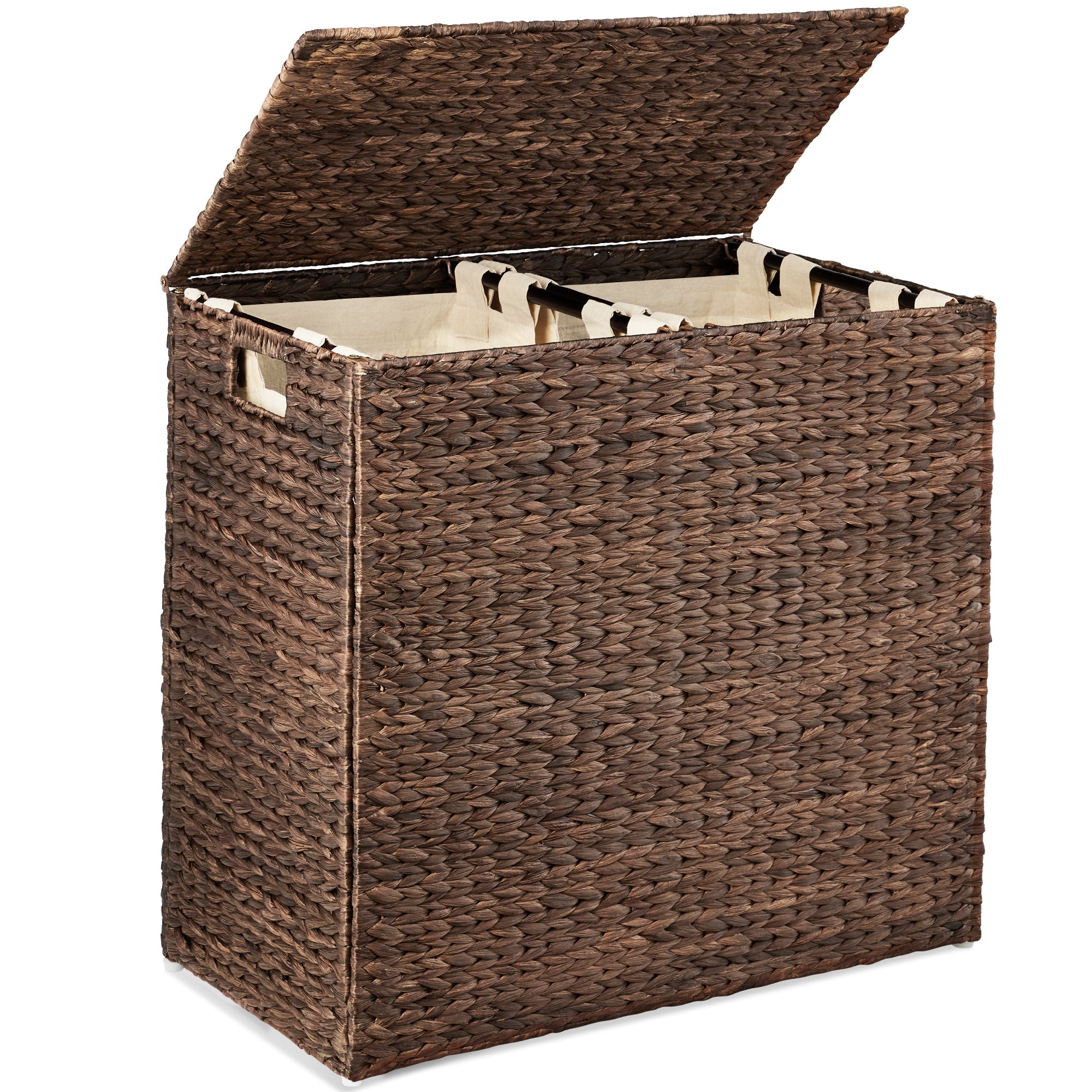 Large Water Hyacinth Double Laundry Hamper Basket w/ 2 Liner Bags - Espresso