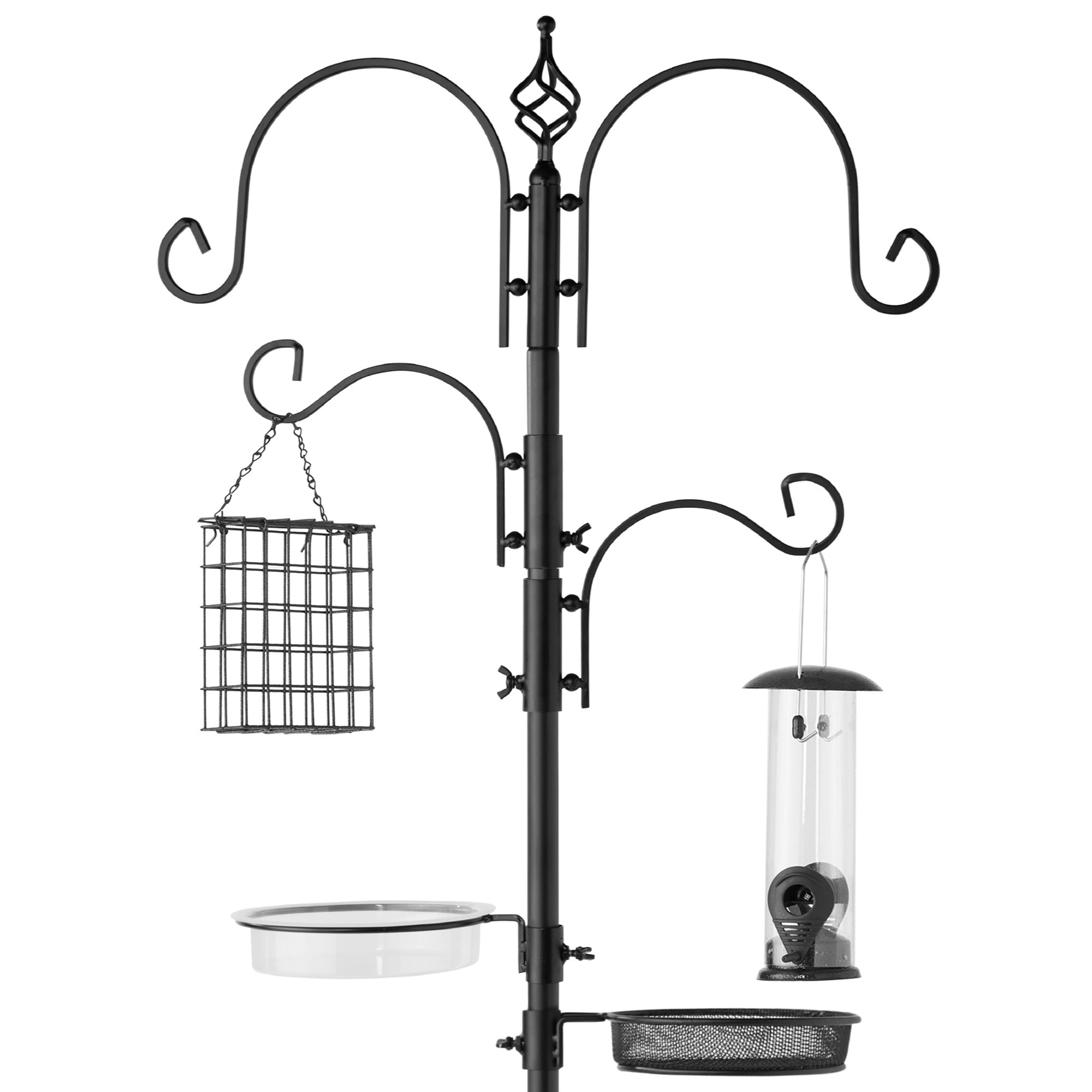 4-Hook Bird Feeding Station, Steel Feeder Stand w/ 2 Bird Feeders - 91in - Black