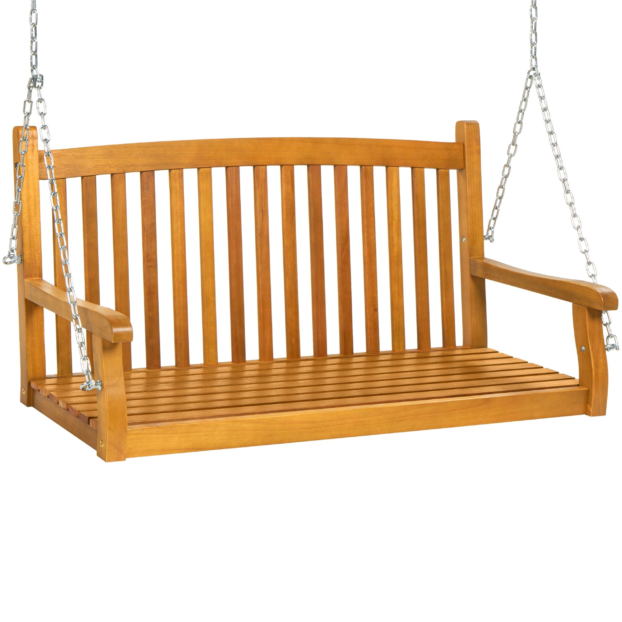 Wooden Curved Back Hanging Porch Swing Bench w/ Mounting Chains - 48in - Brown