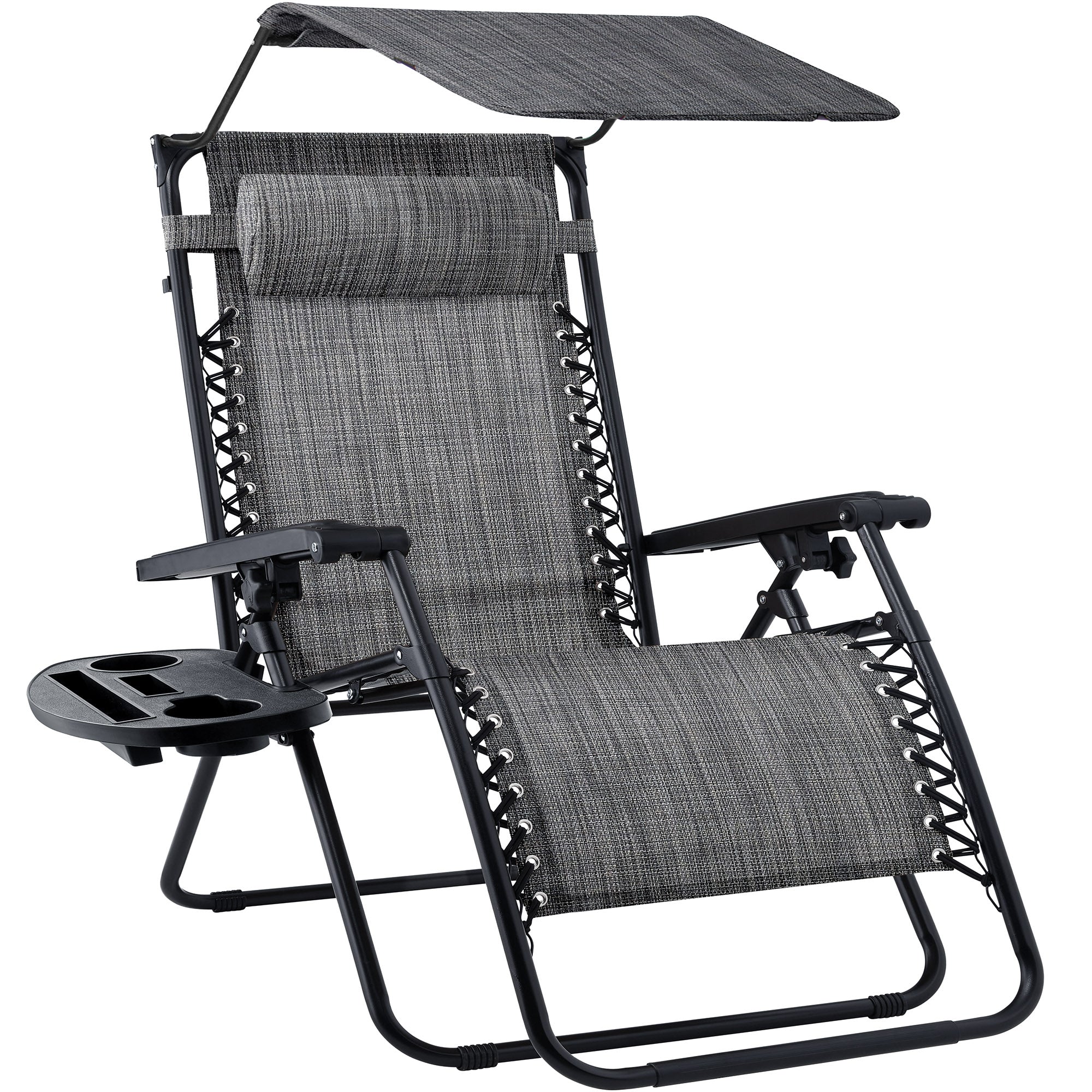 Folding Zero Gravity Recliner Patio Lounge Chair w/ Canopy, Side Tray - Gray