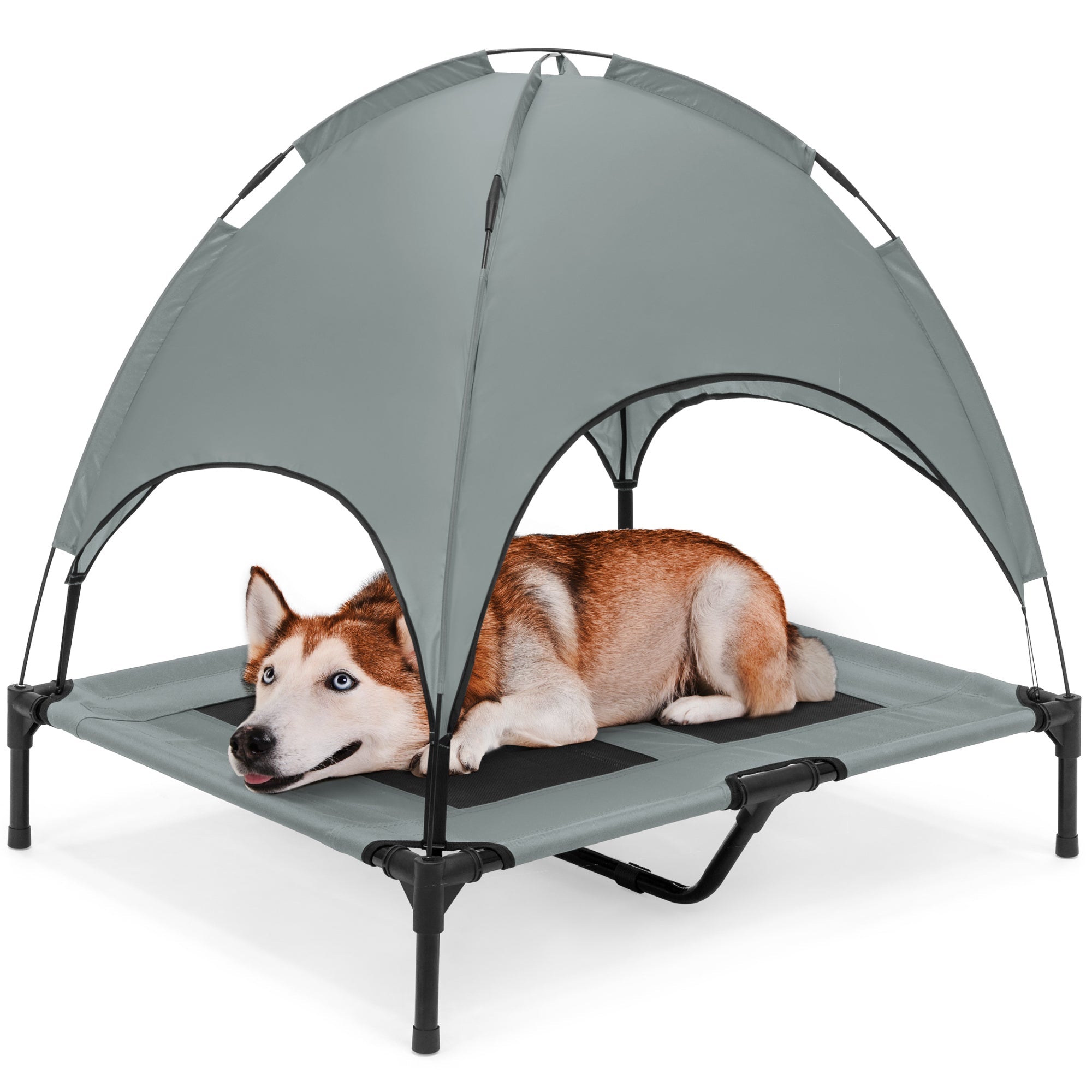 36in Outdoor Raised Cooling Pet Dog Bed w/ Canopy, Travel Bag - Gray