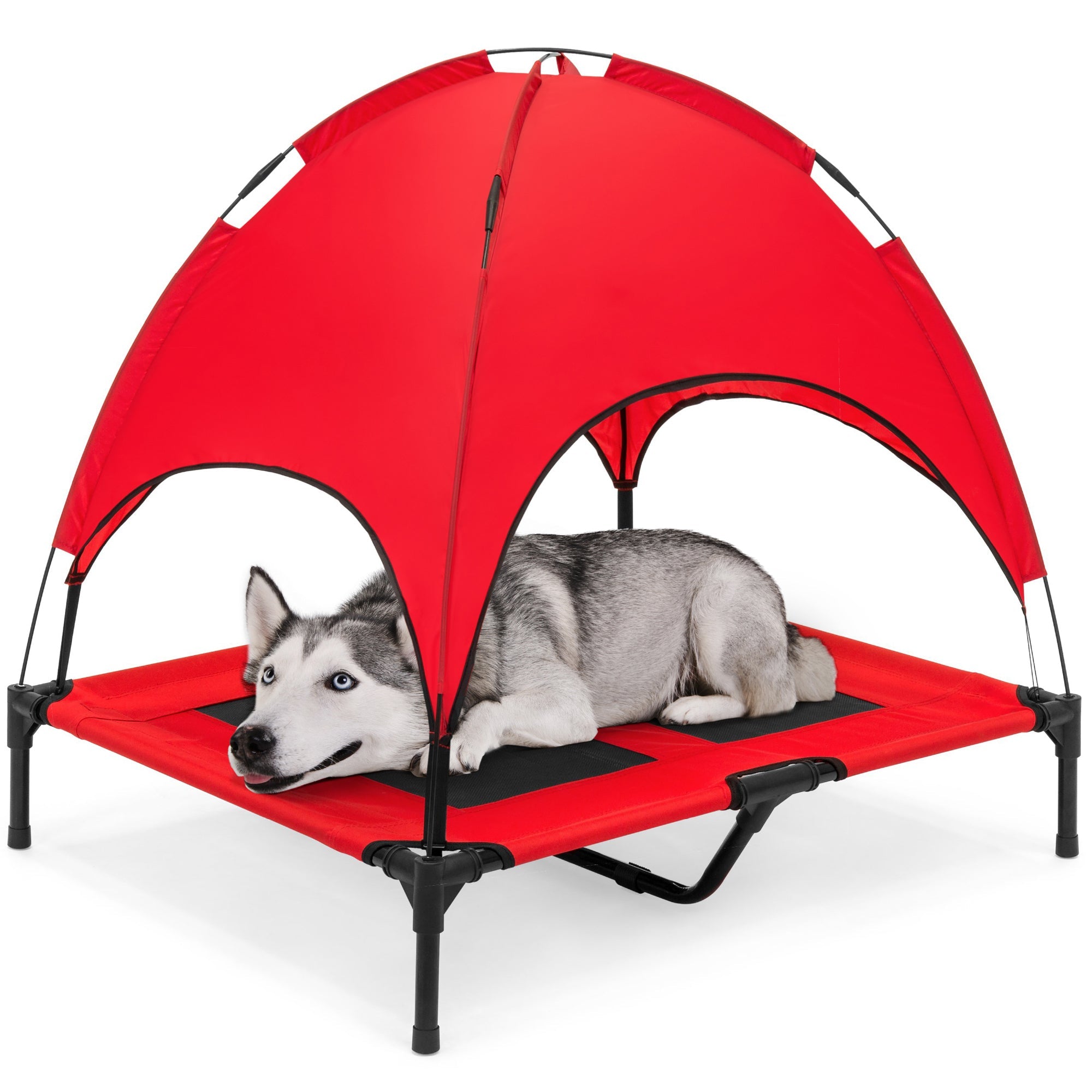 36in Outdoor Raised Cooling Pet Dog Bed w/ Canopy, Travel Bag - Red