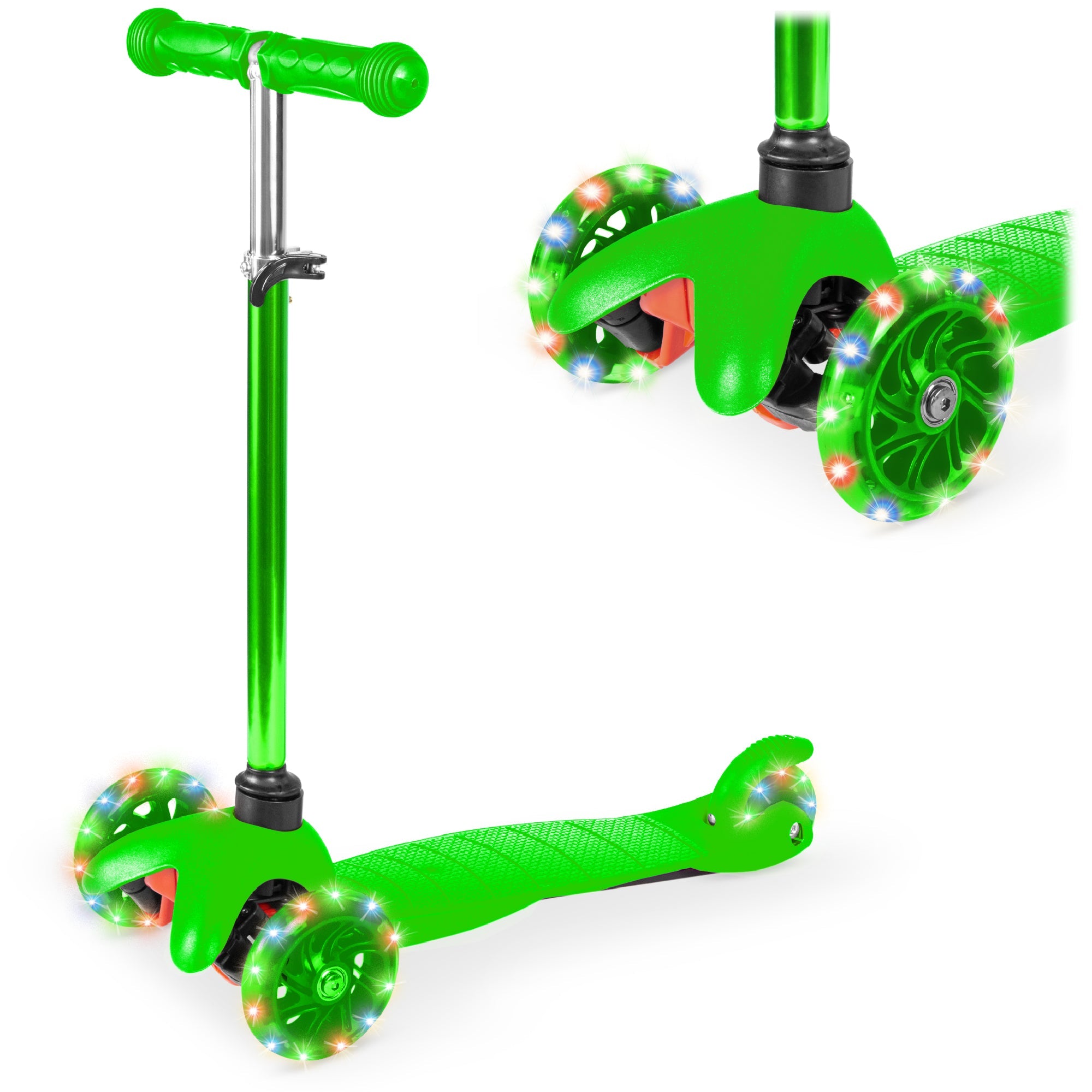 Kids Mini Kick Scooter Toy w/ Colorful Light-Up Wheels, Adjustable T-Bar - Green