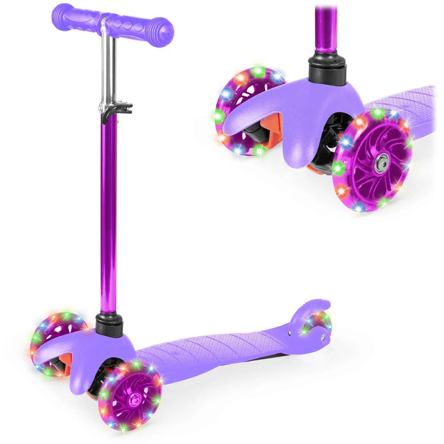 Kids Mini Kick Scooter Toy w/ Colorful Light-Up Wheels, Adjustable T-Bar - Purple