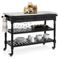 Kitchen Island Storage & Bar Cart w/ Stainless Steel Top - Black