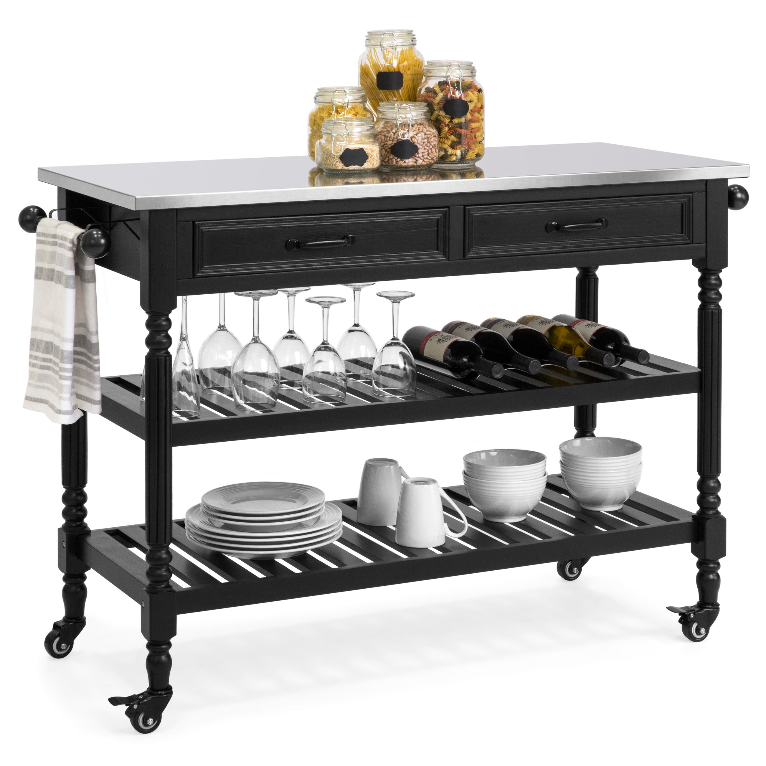 Kitchen Island Storage & Bar Cart w/ Stainless Steel Top - Black