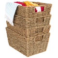 Set of 4 Seagrass Storage Tote Baskets, Laundry Organizer w/ Insert Handles - Natural
