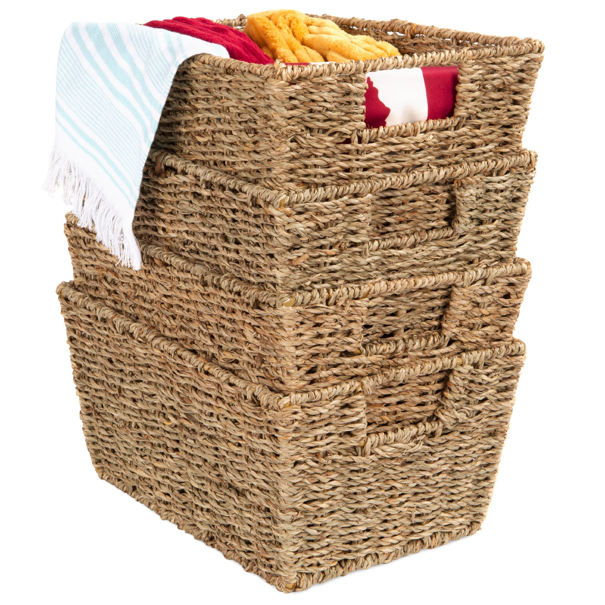 Set of 4 Seagrass Storage Tote Baskets, Laundry Organizer w/ Insert Handles - Natural