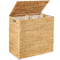Large Water Hyacinth Double Laundry Hamper Basket w/ 2 Liner Bags - Natural