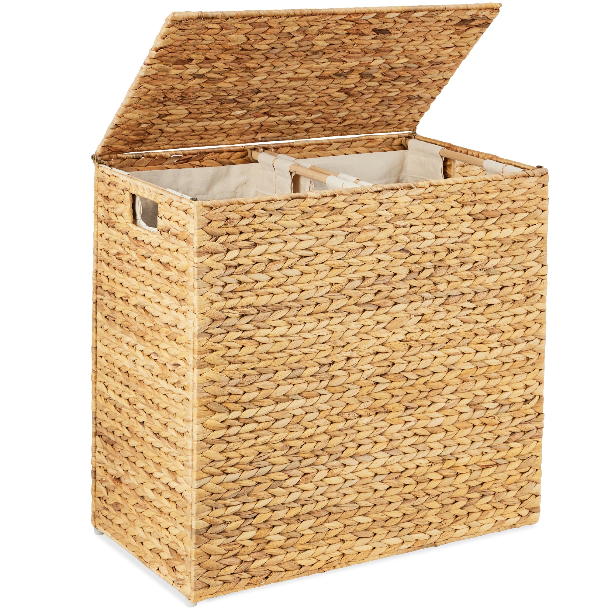 Large Water Hyacinth Double Laundry Hamper Basket w/ 2 Liner Bags - Natural