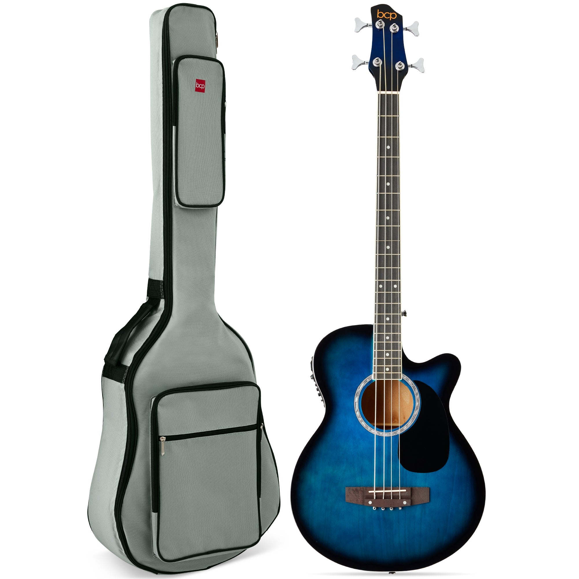 Acoustic Electric Bass Guitar w/ Equalizer, Truss Rod, Padded Gig Bag - Blue