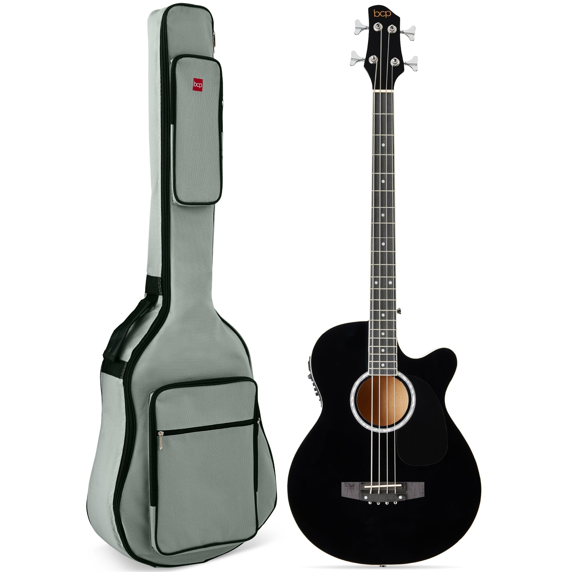 Acoustic Electric Bass Guitar w/ Equalizer, Truss Rod, Padded Gig Bag - Black