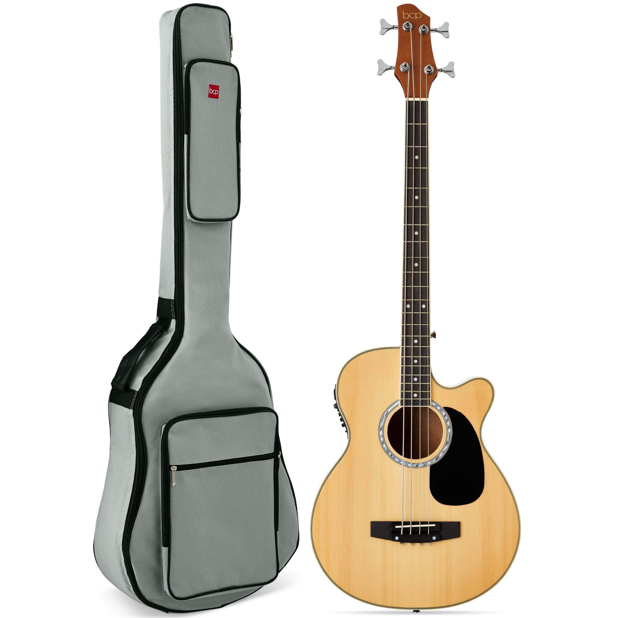 Acoustic Electric Bass Guitar w/ Equalizer, Truss Rod, Padded Gig Bag - Natural