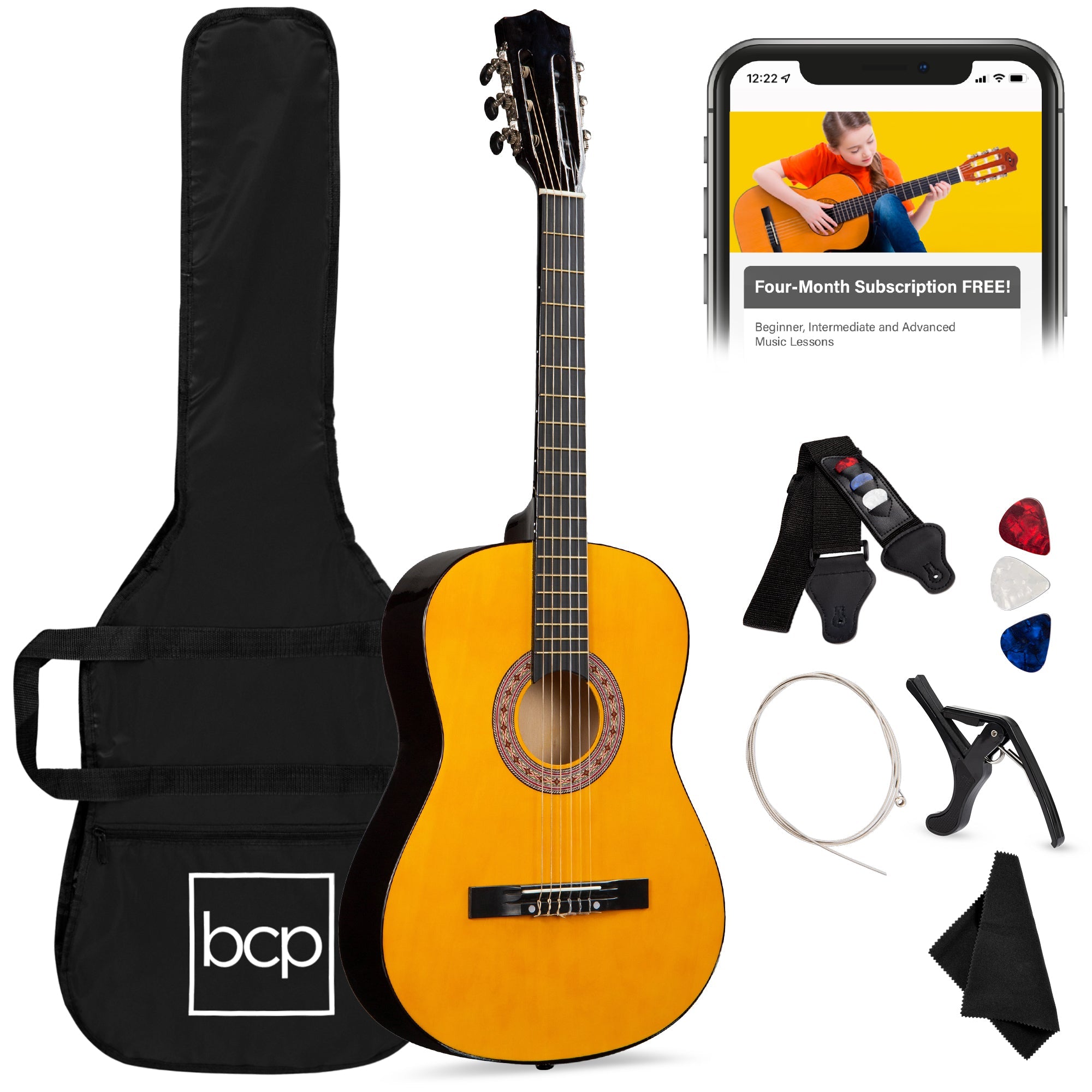 Beginner Acoustic Guitar Set w/ Case, Strap, Extra Strings - 38in - Natural