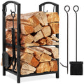 5-Piece Firewood Log Rack Holder Tools Set w/ Hook, Broom, Shovel, Tongs - Black