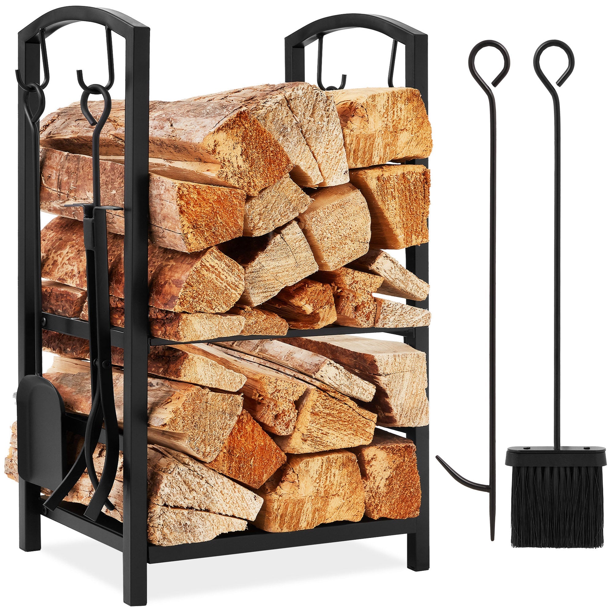 5-Piece Firewood Log Rack Holder Tools Set w/ Hook, Broom, Shovel, Tongs - Black