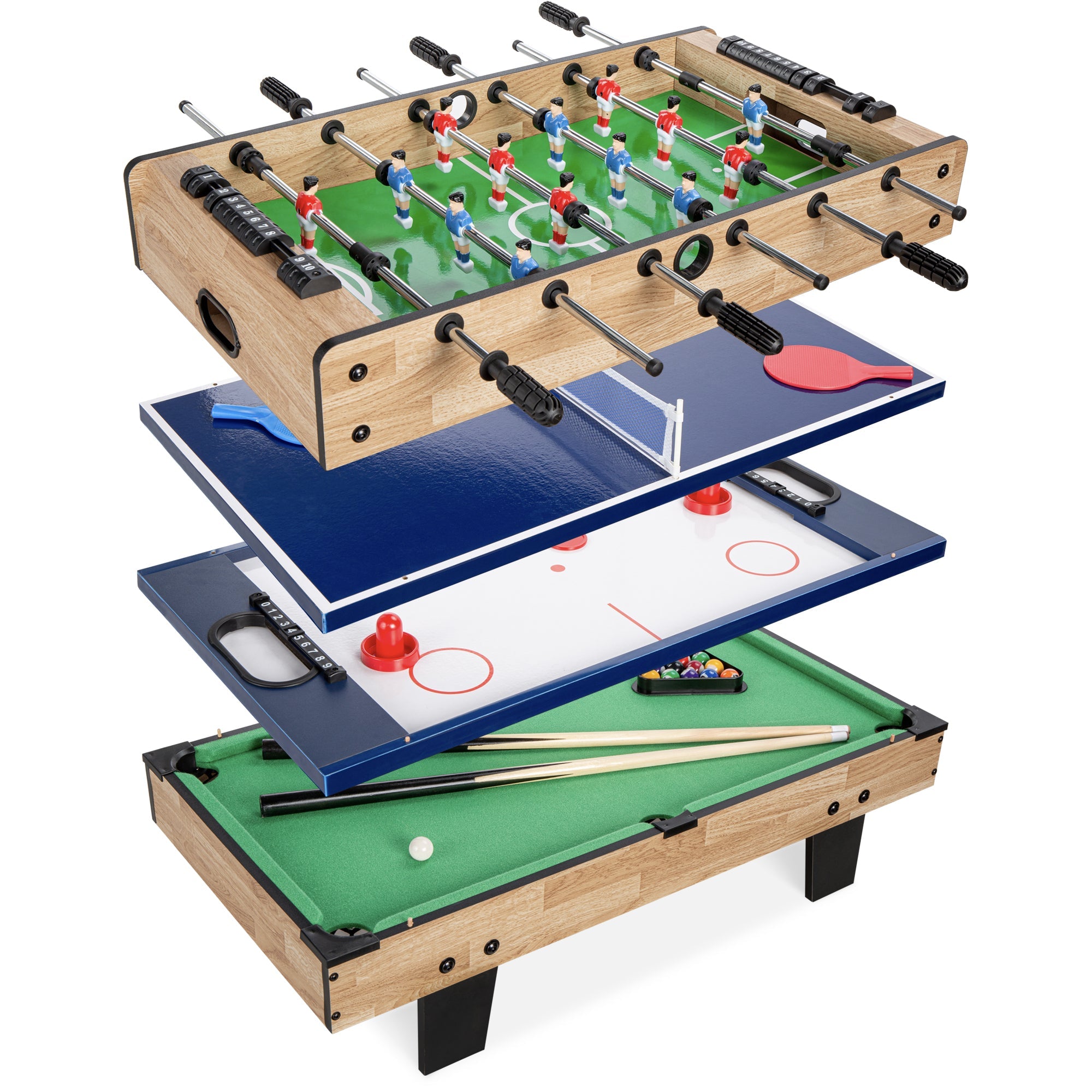 4-in-1 Multi Game Table Set w/ Air Hockey, Table Tennis, Billiards, Foosball - Natural