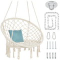 Cotton Macrame Hammock Hanging Chair Swing, Handwoven w/ Backrest - Beige