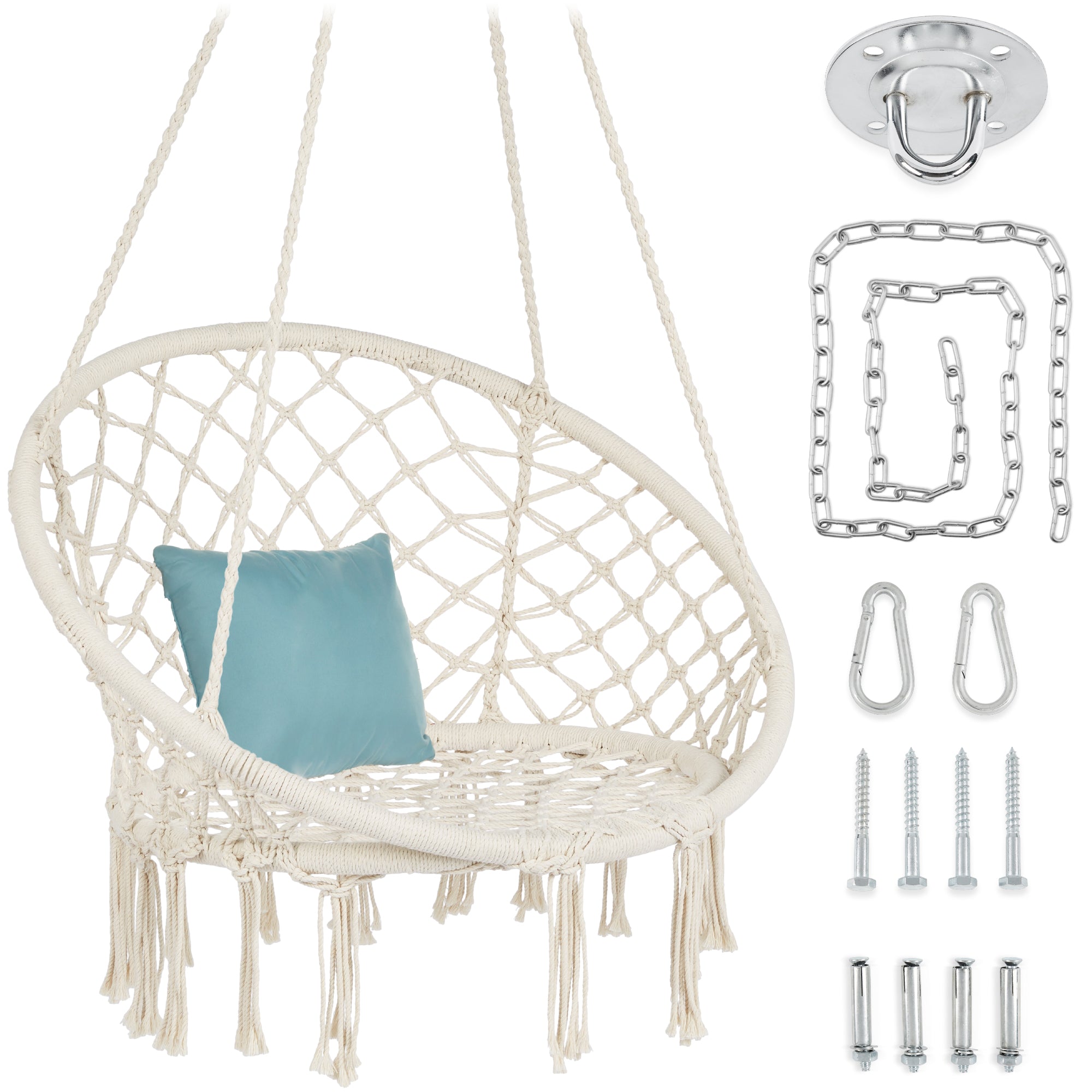 Cotton Macrame Hammock Hanging Chair Swing, Handwoven w/ Backrest - Beige