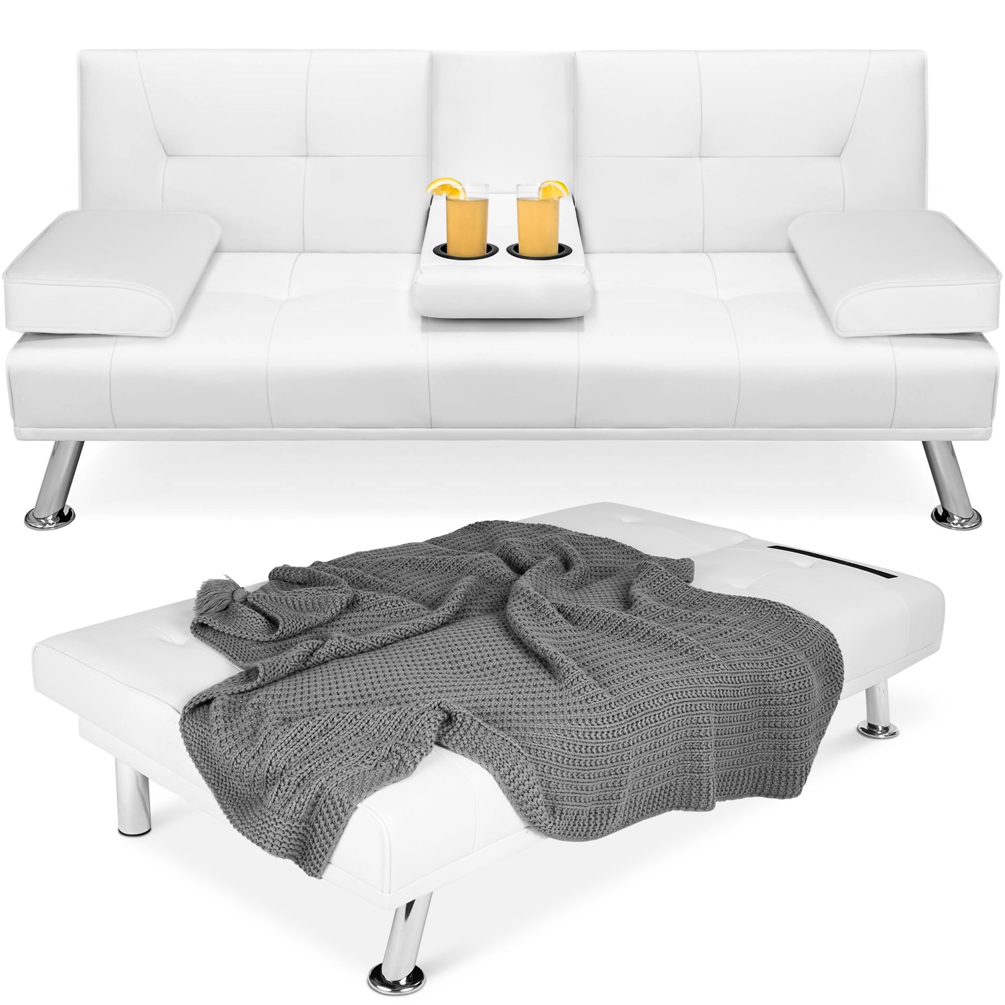 Faux Leather Upholstered Convertible Sofa Bed Futon w/ 2 Cupholders - White